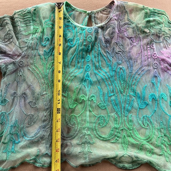 Sheer, multicolored crop top. Size L. Some stains, but still beautiful. - Picture 8 of 9